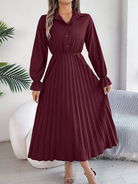 Pleated Half Button Long Sleeve Midi Dress - 7DAY'S