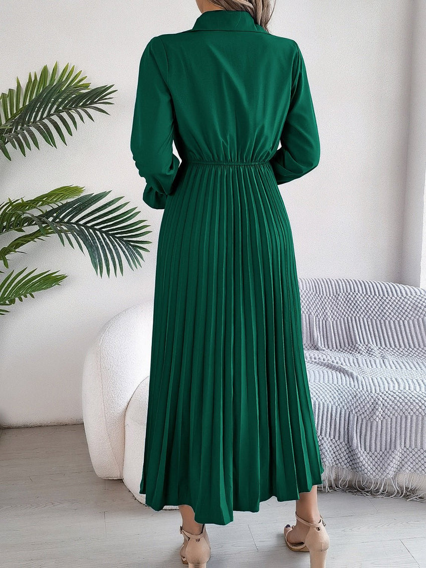 Pleated Half Button Long Sleeve Midi Dress - 7DAY'S