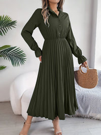 Pleated Half Button Long Sleeve Midi Dress - 7DAY'S