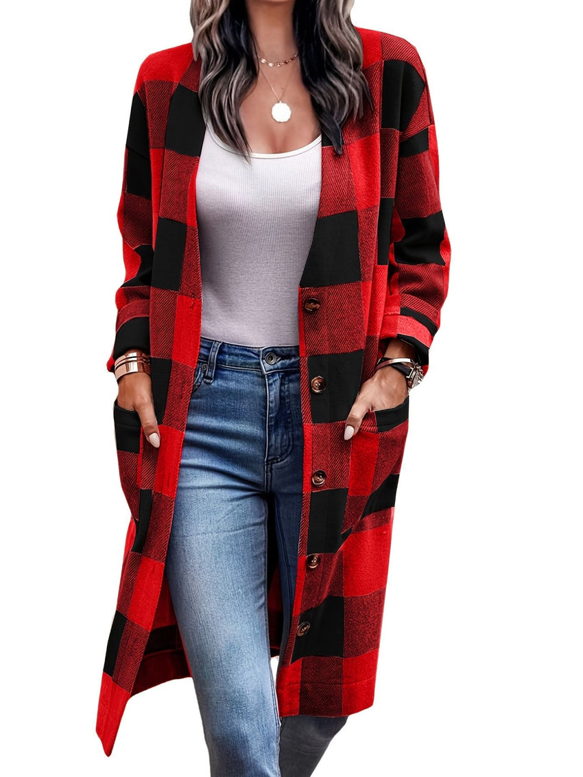 Plus Size Plaid Pattern Pockets Longline Coat; Women's Plus Long Sleeve Casual Coat - 7DAY'S