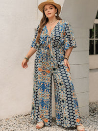 Plus Size Printed Half Sleeve Wide Leg Jumpsuit - 7DAY'S