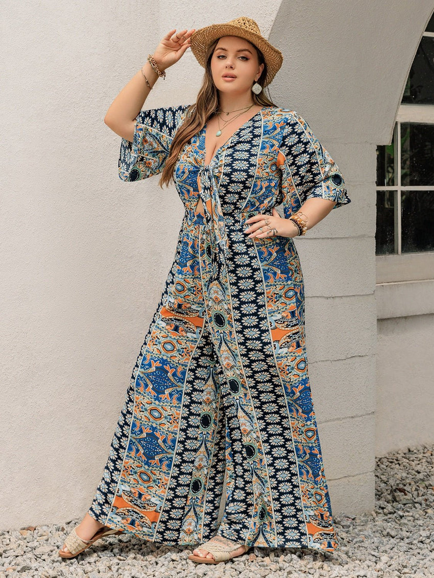 Plus Size Printed Half Sleeve Wide Leg Jumpsuit - 7DAY'S