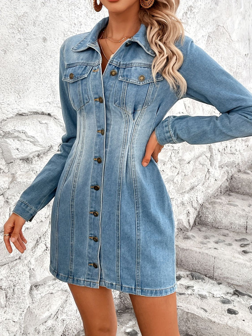 Pocketed Button Up Long Sleeve Denim Dress - 7DAY'S