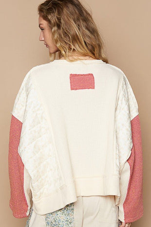 POL Waffle - Knit Contrast Notched Long Sleeve Knit Top - 7DAY'S