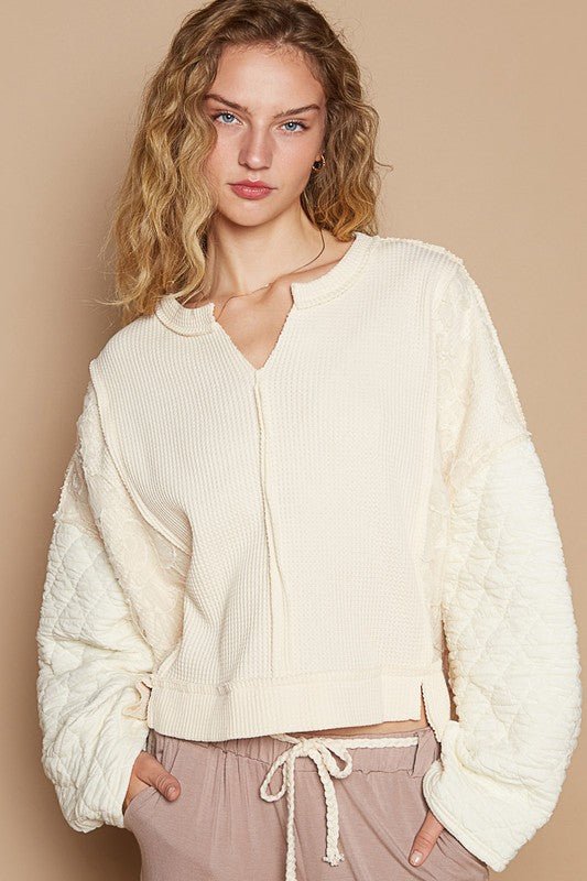 POL Waffle - Knit Notched Long Sleeve Knit Top - 7DAY'S