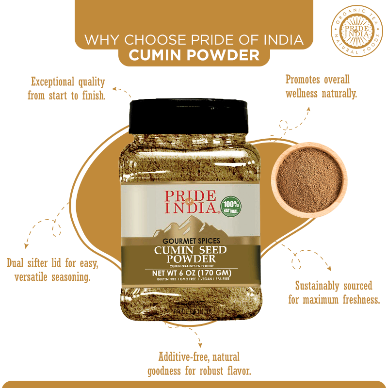 Pride of India | Cumin Seed Ground 8 oz (226.79 gm) Medium Dual Sifter Bottle | Traditional Indian Spice | Seasoning spice for Curries/Lentils/Chicken/Meat | Easy to Store - 7DAY'S