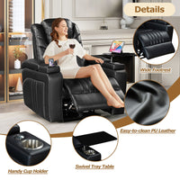 PU Leather Power Recliner Home Theater Recliner with Power Adjustable Headrest, Wireless Charging Device, USB Port, Storage Arms, Cup Holder and Swivel Tray Table for Living Room - 7DAY'S