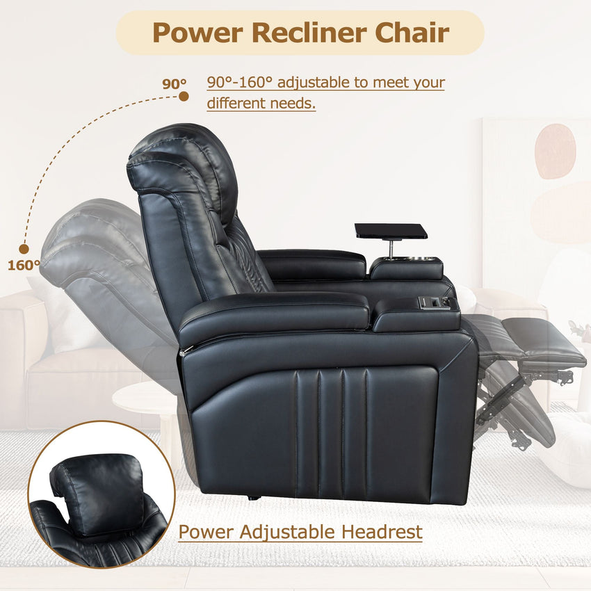 PU Leather Power Recliner Home Theater Recliner with Power Adjustable Headrest, Wireless Charging Device, USB Port, Storage Arms, Cup Holder and Swivel Tray Table for Living Room - 7DAY'S