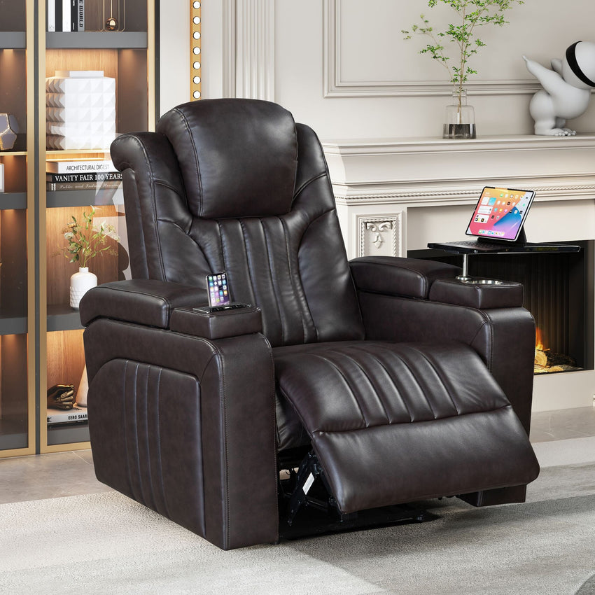 PU Leather Power Recliner Home Theater Recliner with Power Adjustable Headrest, Wireless Charging Device, USB Port, Storage Arms, Cup Holder and Swivel Tray Table for Living Room - 7DAY'S