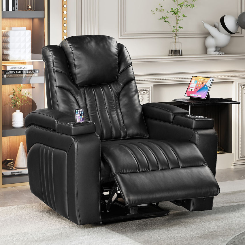 PU Leather Power Recliner Home Theater Recliner with Power Adjustable Headrest, Wireless Charging Device, USB Port, Storage Arms, Cup Holder and Swivel Tray Table for Living Room - 7DAY'S