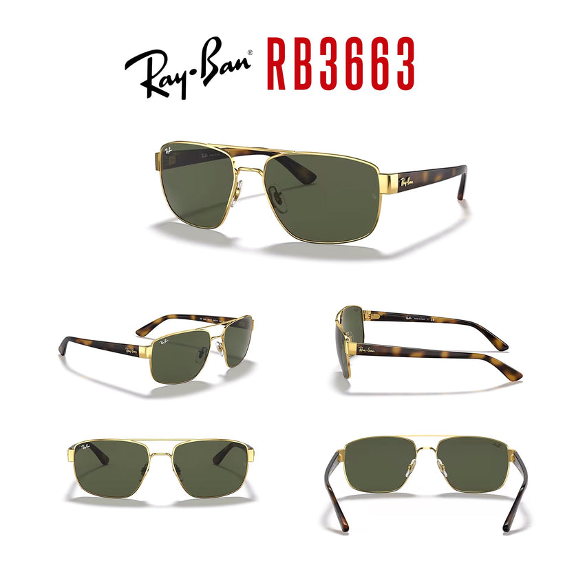 Ray - Ban RB3663 Rectangle Sunglasses for Men + BUNDLE With Designer iWear Complimentary Eyewear Kit - 7DAY'S