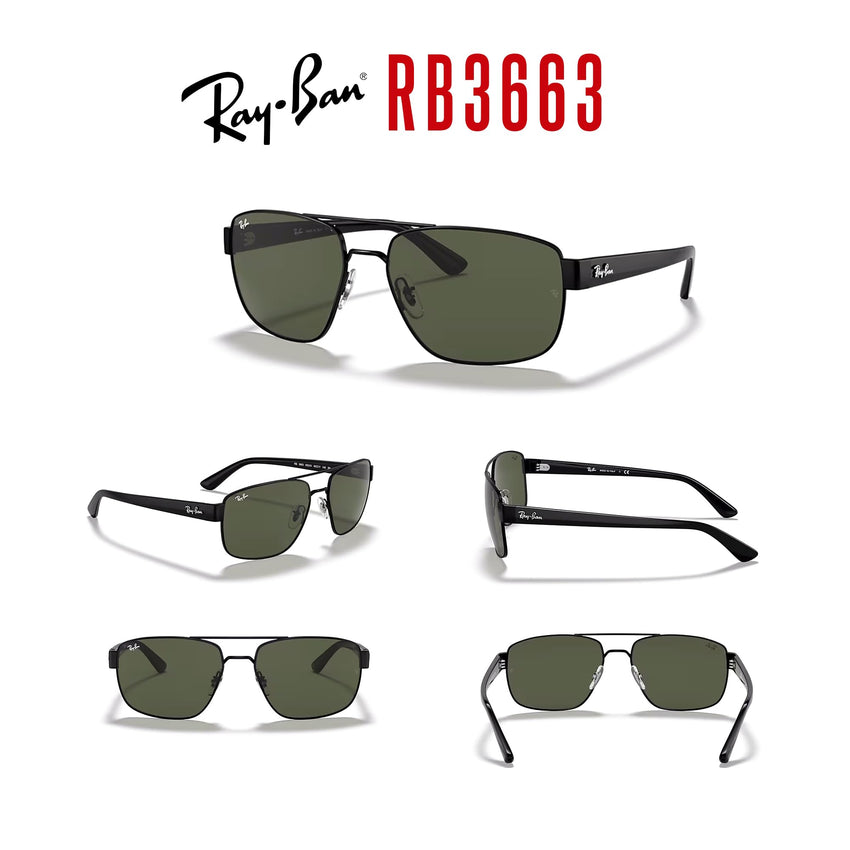 Ray - Ban RB3663 Rectangle Sunglasses for Men + BUNDLE With Designer iWear Complimentary Eyewear Kit - 7DAY'S