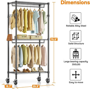 Rolling Clothes Rack, Heavy Duty Clothing Rack, 3 - Shelf Portable Adjustable Wardrobe Closet with Wheels, Hanging Rods & Side Hooks, 29.5" W x 15.7" D x 75.6" H, Black - 7DAY'S