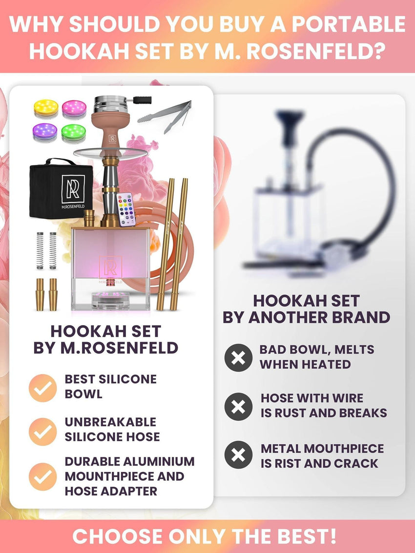 Rose Gold Hookah Set 2 Hose YADO Square Hookah To Go with Hookah Charcoal Holder Heat Management Device and Big Rose Silicone Hookah Bowl and Bag for Shisha Portable Hookah Set with Everything - 7DAY'S