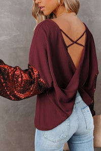 Sequin Crisscross Boat Neck Long Sleeve Blouse - 7DAY'S