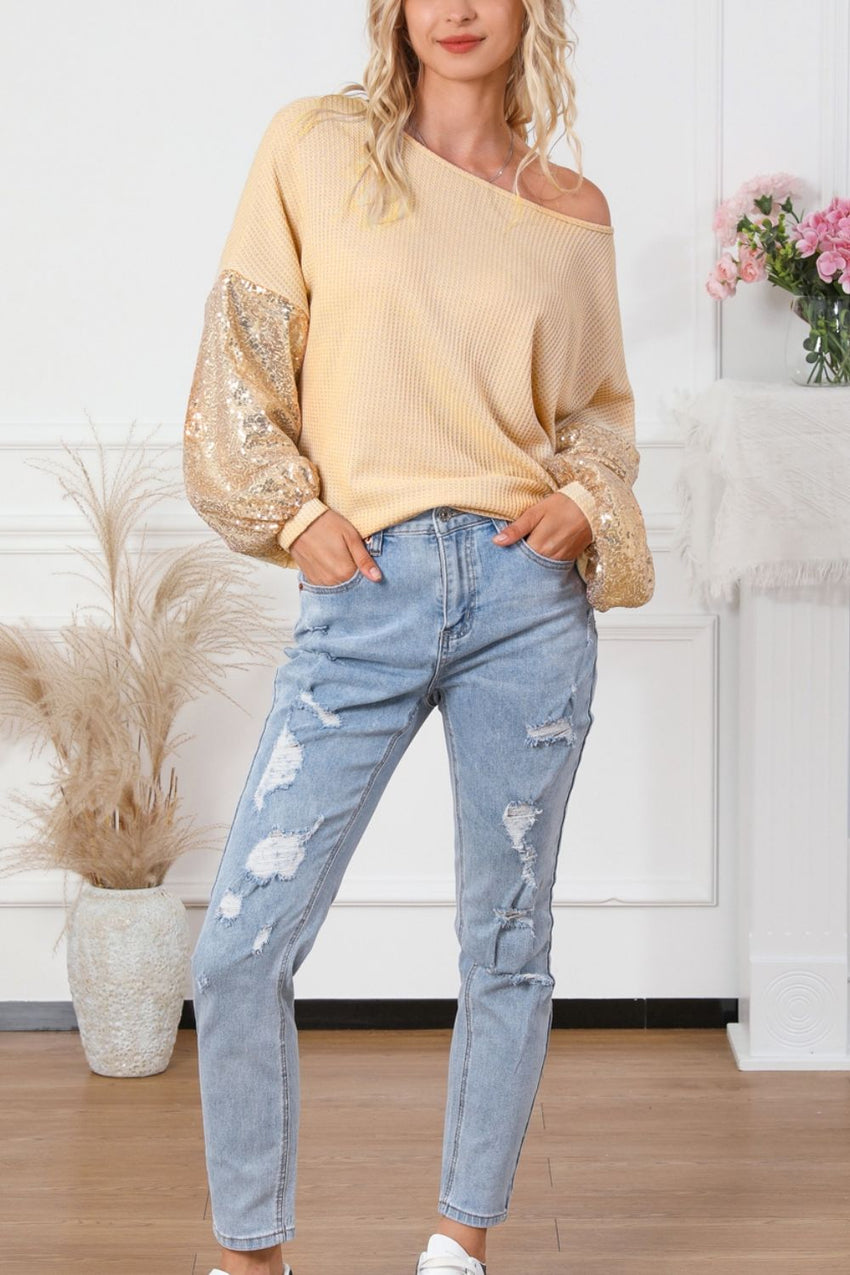 Sequin Crisscross Boat Neck Long Sleeve Blouse - 7DAY'S