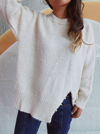 Slit Pearl Trim Round Neck Long Sleeve Sweater - 7DAY'S