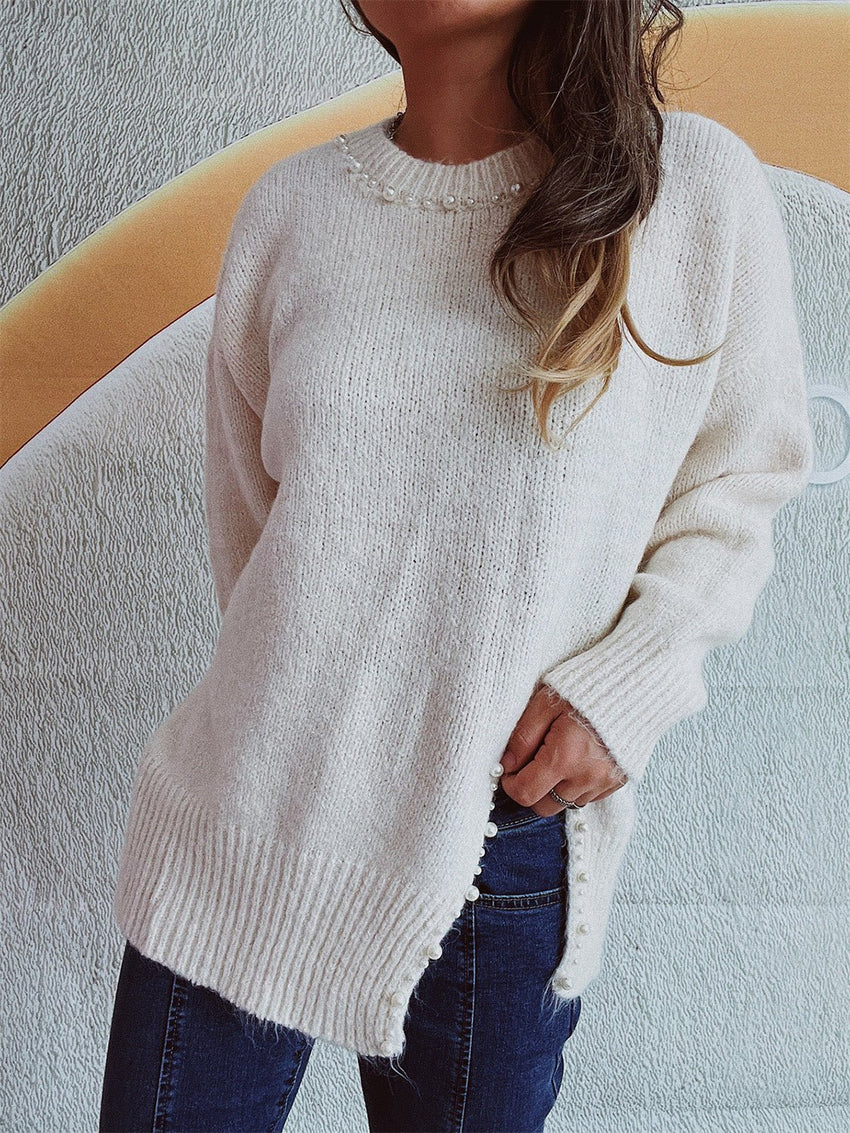 Slit Pearl Trim Round Neck Long Sleeve Sweater - 7DAY'S