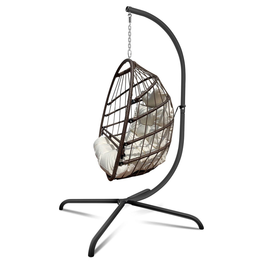 Swing Egg Chair With Stand Indoor Outdoor, UV Resistant Cushion Hanging Chair With Guardrail And Cup Holder, Anti - Rust Foldable Aluminum Frame Hammock Chair, 350lbs Capacity For Porch Backyard - 7DAY'S