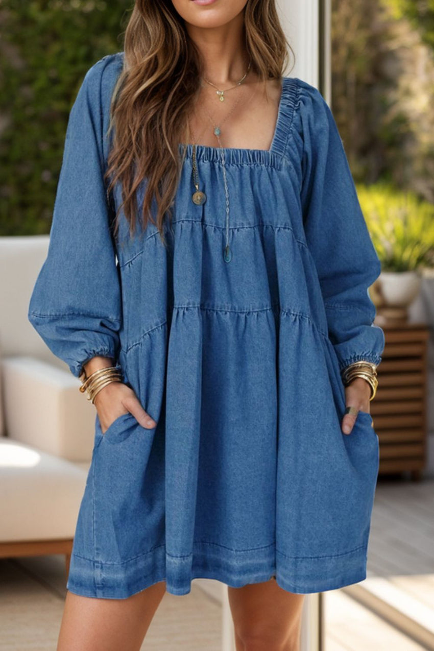 Tied Square Neck Long Sleeve Denim Dress with Pockets - 7DAY'S