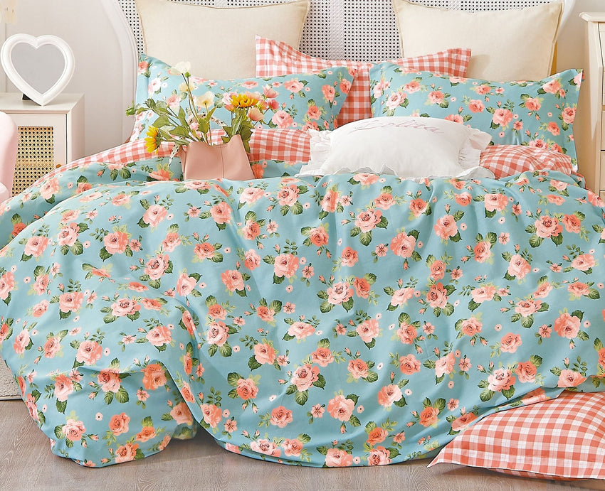 Tiffany Blue/Orange Rose 100% Cotton Reversible Comforter Set - 7DAY'S