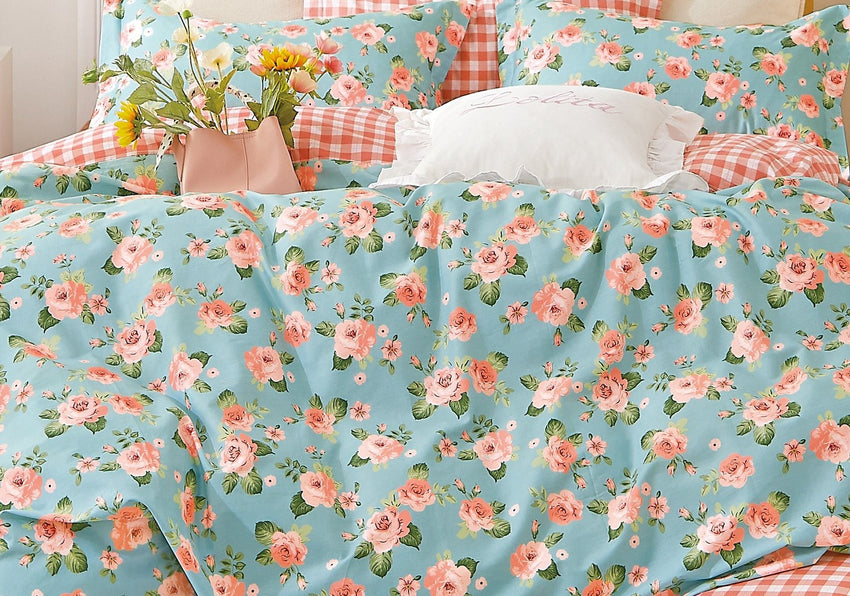 Tiffany Blue/Orange Rose 100% Cotton Reversible Comforter Set - 7DAY'S