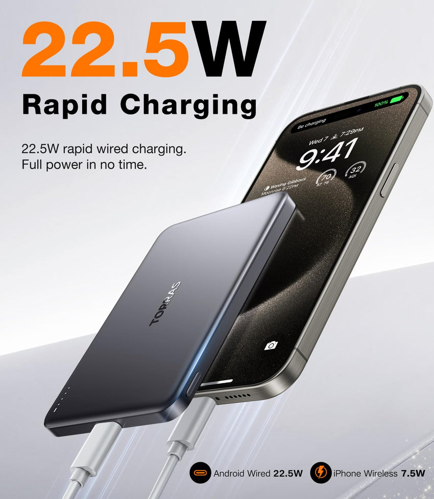 TORRAS MiniMag Power Bank,Ultra - Slim 10,000mAh Magnetic Wireless Portable Charger, 22.5W Fast Charging Battery Pack with USB - C Cable Designed for iPhone 16 Pro Max/16 Pro/16/15/14/13/12, Glacier Gray - 7DAY'S