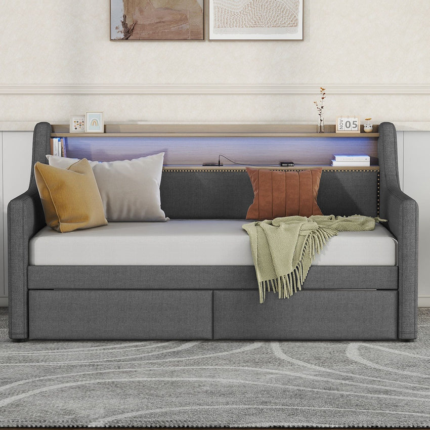 Twin Size Daybed with Storage Drawers, Upholstered Daybed with Charging Station and LED Lights, Gray(Old Item W1580S00034) - 7DAY'S