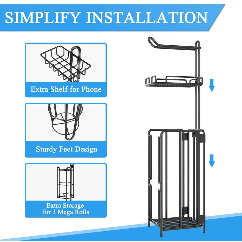 Two stood - standing sanitary paper bracket brackets, toilet paper rolls with shelves, and reserve for bathroom storage, mobile phones, giant rolls, black - 7DAY'S