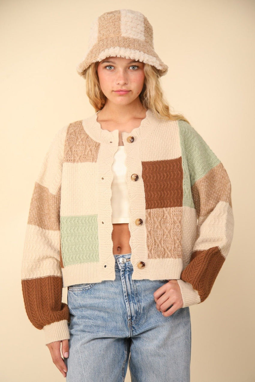 VERY J Color Block Button Down Textured Sweater Cardigan - 7DAY'S