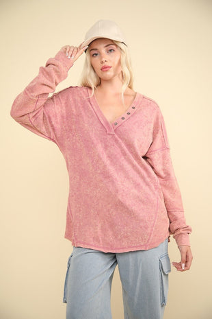 VERY J Washed V-Neck Exposed Seam Knit Top For women