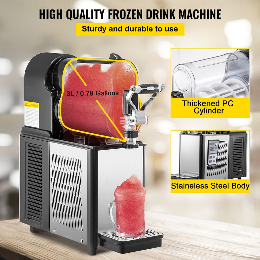 VEVOR Commercial Slushy Machine, 3L Single Bowl Slush Drink Maker, 330W Frozen Drink Machine with Temperature Preservation, Stainless Steel Home Slush Frozen Drink Machine Automatic Clean, Black - 7DAY'S