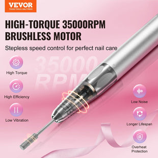 VEVOR Electric Cordless Nail Drill - with 35000RRM Brushless Motor and Charging Base, Rechargeable Nail E File Machine with 6 Bit & 50PCS Sanding Band for Acrylic Gel Nail, Manicure Pedicure Polishing - 7DAY'S