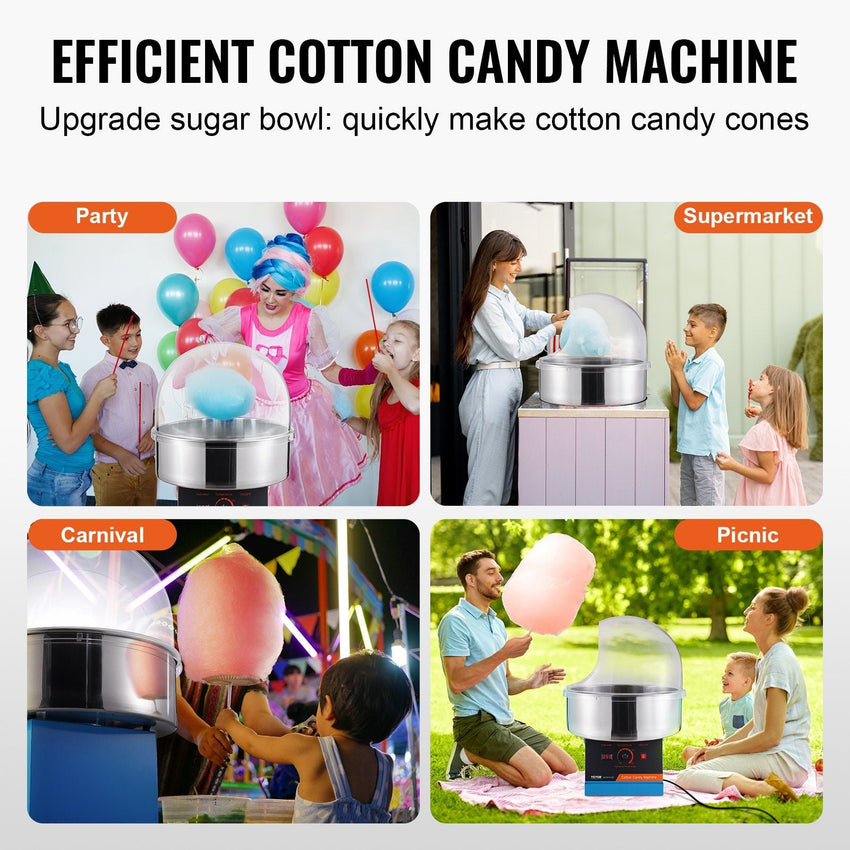 VEVOR Electric Cotton Candy Machine, 1000W Candy Floss Maker, Commercial Cotton Candy Machine with Cover, Stainless Steel Bowl, and Sugar Scoop, Perfect for Home Kids Birthday, Family Party (Blue) - 7DAY'S