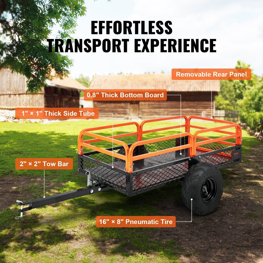 VEVOR Heavy Duty Steel ATV Dump Trailer, 1500 - Pound Load Capacity 15 Cubic Feet, Tow Behind Dump Cart Garden Trailer, with Removable Sides and 2 Tires, for Mowers, Tractors, ATV, UTV - 7DAY'S