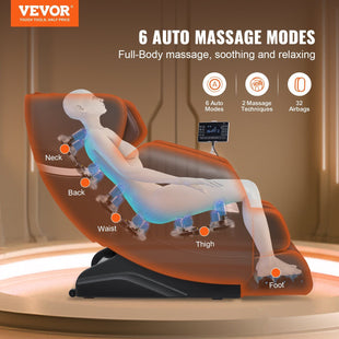 VEVOR Massage Chair - Full Body Zero Gravity Recliner with Multi Auto Modes, 3D Shiatsu, Heating, Bluetooth Speaker, Airbag, Foot Roller, and Touch Screen - 7DAY'S