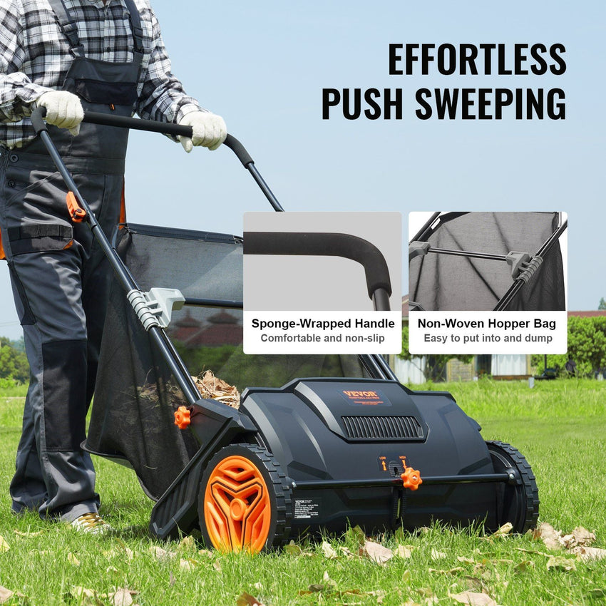 VEVOR Push Lawn Sweeper, 21 - inch Leaf & Grass Collector, Strong Rubber Wheels & Heavy Duty Thickened Steel Durable to Use with Large Capacity 3.5 cu. ft. Mesh Collection Hopper Bag, 2 Spinning Brushes - 7DAY'S