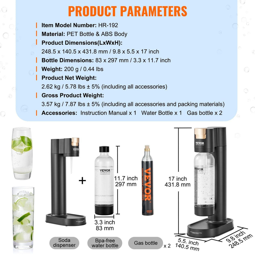 VEVOR Sparkling Water Maker, Soda Maker Machine for Home Carbonating, Seltzer Water Starter Kit with BPA - free 1L PET Bottle, 2 CO2 Cylinders, Compatible with Mainstream Screw - in 60L CO2 Cylinder - 7DAY'S