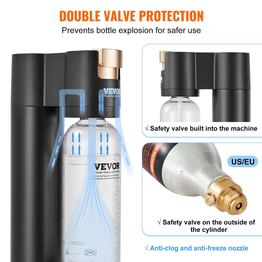 VEVOR Sparkling Water Maker, Soda Maker Machine for Home Carbonating, Seltzer Water Starter Kit with BPA - free 1L PET Bottle, 2 CO2 Cylinders, Compatible with Mainstream Screw - in 60L CO2 Cylinder - 7DAY'S