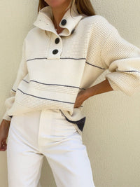 Waffle - Knit Half Button Long Sleeve Sweater - 7DAY'S