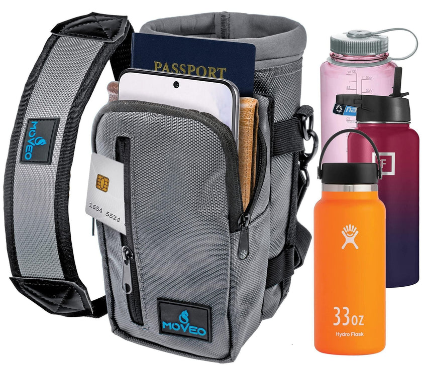 Water Bottle Holder Carrier Bottle Cooler w Adjustable Shoulder Strap and Front Pockets Suitable for 16 oz to 25oz Bottles Gray - 7DAY'S