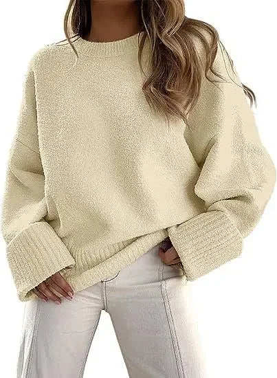 Women's Crewneck Long Sleeve Oversized Fuzzy Knit Chunky Warm Pullover Sweater Top - 7DAY'S