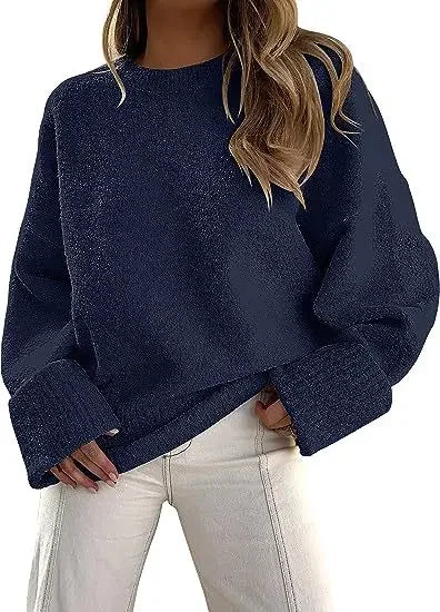 Women's Crewneck Long Sleeve Oversized Fuzzy Knit Chunky Warm Pullover Sweater Top - 7DAY'S