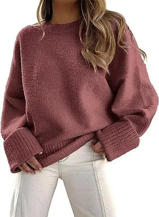 Women's Crewneck Long Sleeve Oversized Fuzzy Knit Chunky Warm Pullover Sweater Top