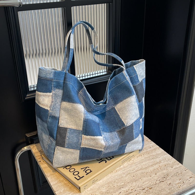 Women's Large Capacity Denim Color - contrast Check Idle Style Shoulder Commute Leisure Handbag Versatile Tote Bag - 7DAY'S