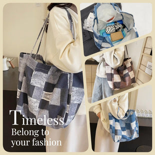 Women's Large Capacity Denim Color-contrast Check Idle Style Shoulder Commute Leisure Handbag Versatile Tote Bag