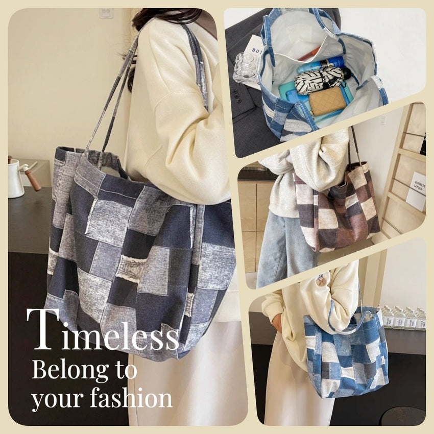 Women's Large Capacity Denim Color - contrast Check Idle Style Shoulder Commute Leisure Handbag Versatile Tote Bag - 7DAY'S