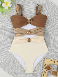 Women's one - piece patchwork color camisole swimsuit metal design - 7DAY'S