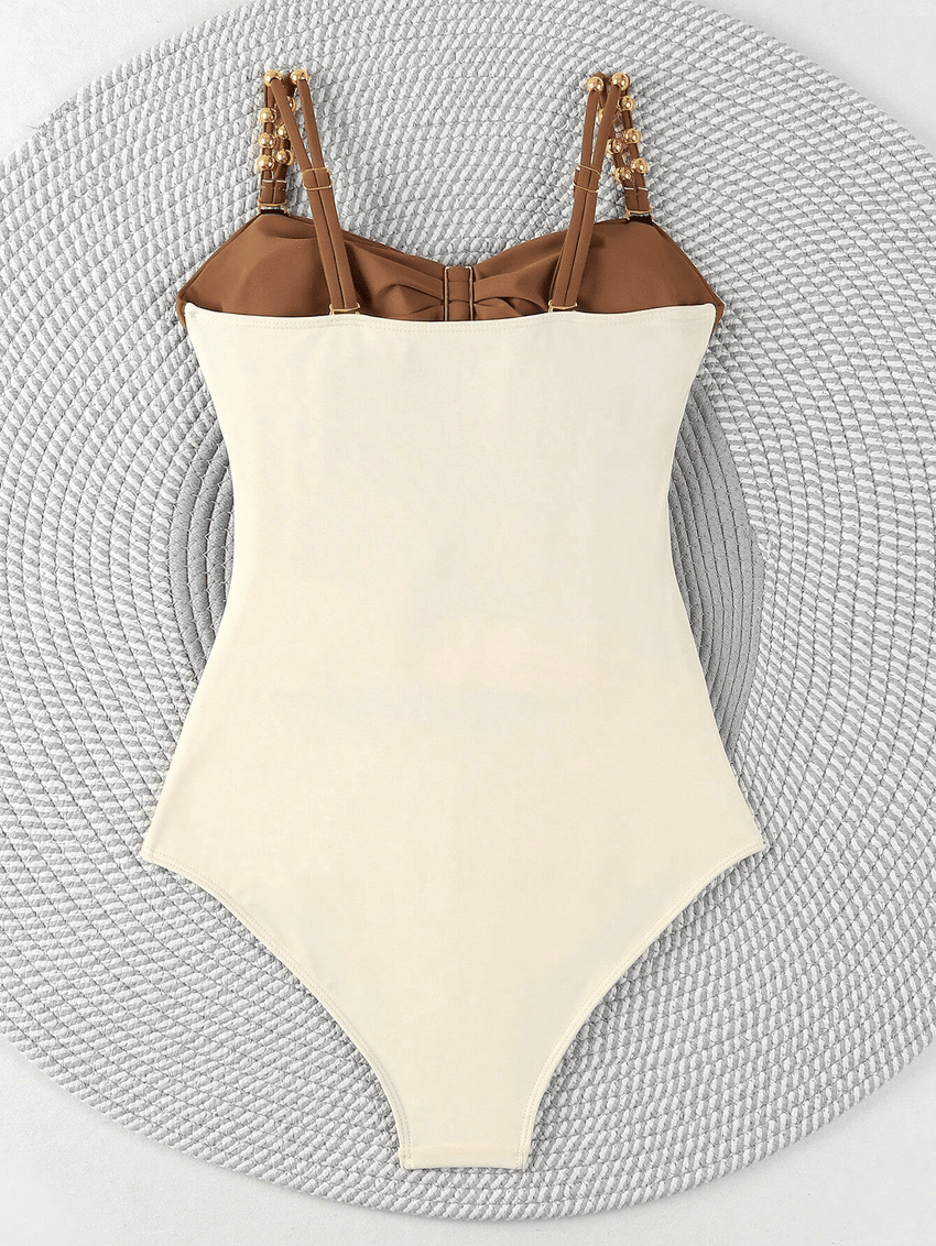 Women's one - piece patchwork color camisole swimsuit metal design - 7DAY'S