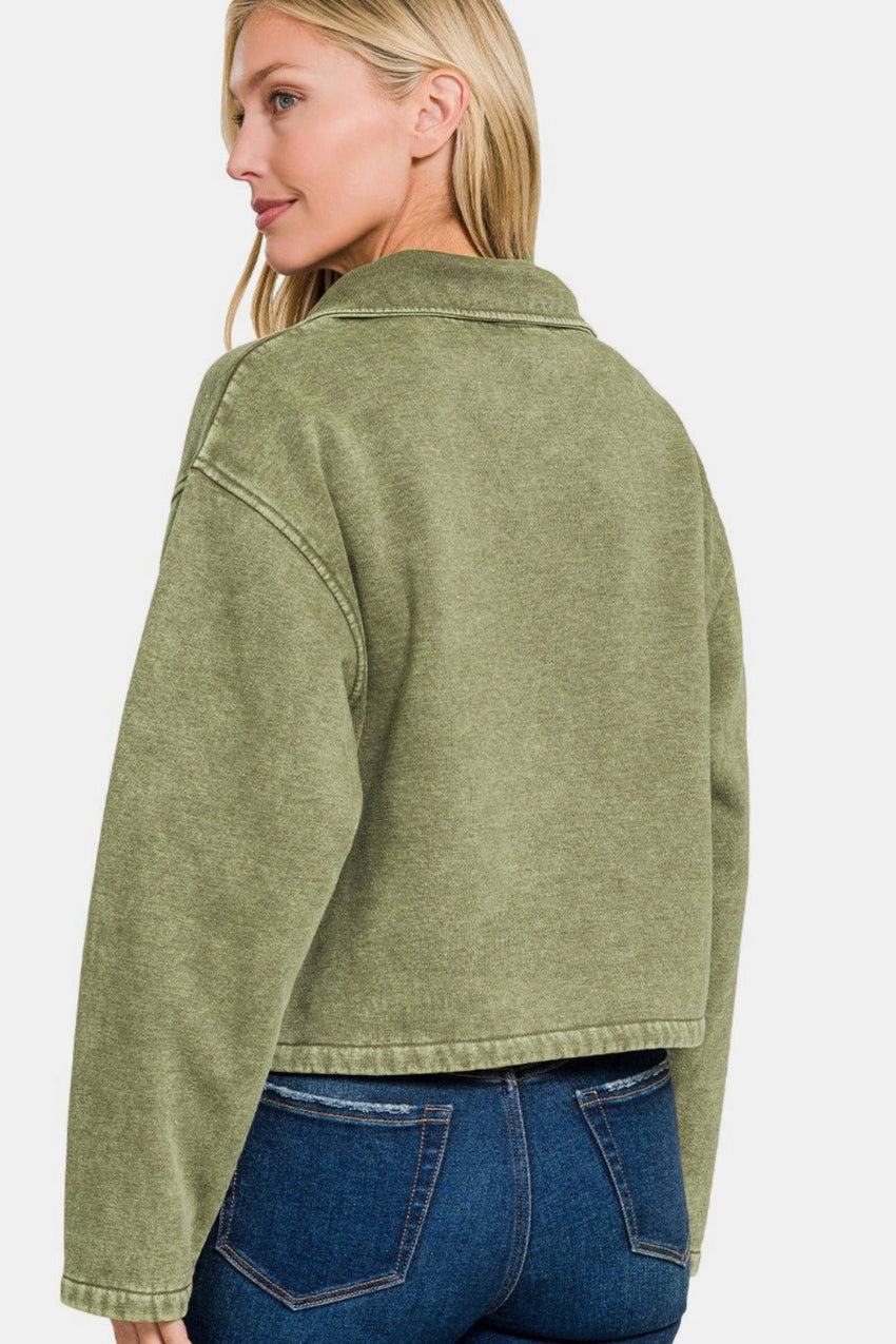 Zenana Acid Wash Fleece Half Snap Sweatshirt with Pocket - 7DAY'S